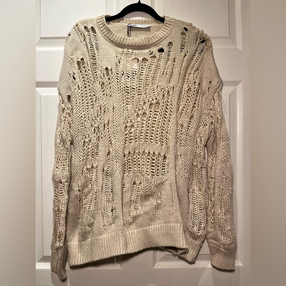 Zara Cream Distressed Knit Sweater